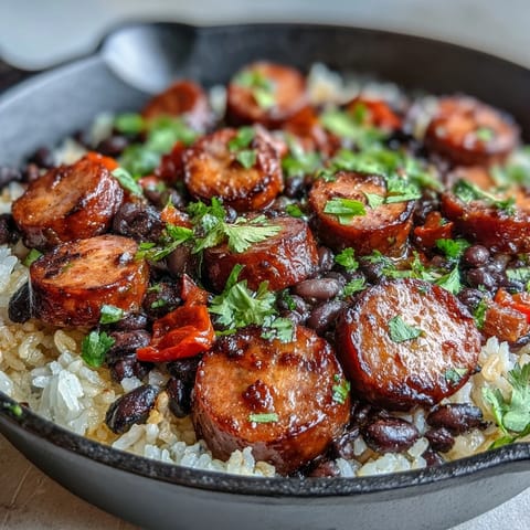 Hearty black beans, sausage, and rice skillet with smoky andouille and vibrant peppers.