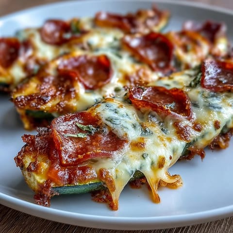 Keto Pepperoni Zucchini Pizza Boats with Mozzarella Melt: Savory pepperoni and melted cheese baked on tender zucchini for a low-carb pizza fix.  