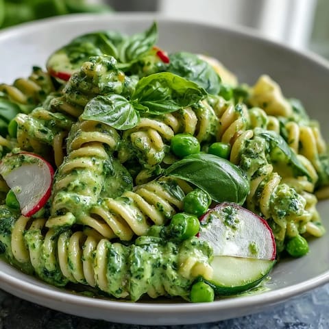Refreshing green goddess pasta salad featuring al dente noodles, peas, cucumber, and radishes tossed in a tangy vegan herb dressing.  