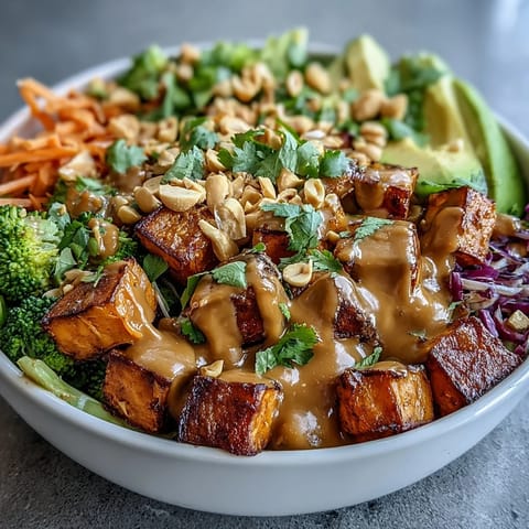 A vibrant Thai peanut sweet potato Buddha bowl with roasted vegetables and creamy peanut sauce, garnished with fresh cilantro and chopped peanuts.