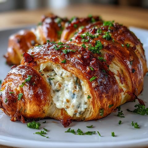Decadent Chicken Pillows with Garlic Parmesan Sauce: golden-baked crescents filled with creamy chicken and cheese, drizzled with rich garlic butter.  