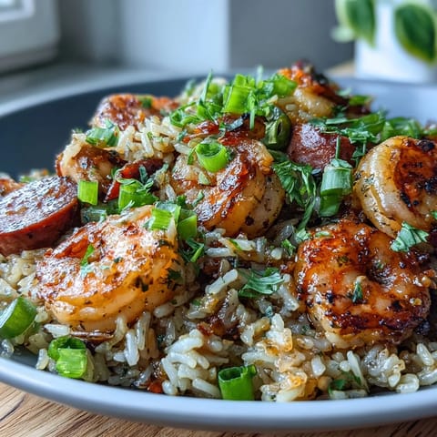 Hearty Cajun dirty rice with juicy shrimp and sausage, served in a cast iron skillet with fresh green onions.  