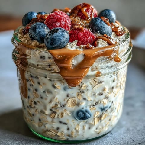 Vibrant berries and rich almond butter layered over chilled oats, ready to fuel your morning.  