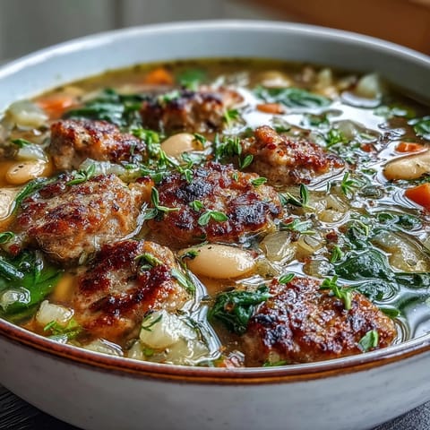 A steaming bowl of Tuscan white bean soup with Italian sausage, loaded with vegetables and herbs, perfect for a cozy dinner.  
