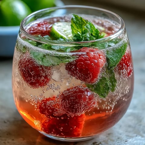 A vibrant Raspberry Lime Spritz cocktail with fresh raspberries, lime slices, and sparkling water, perfect for a Galentines Day celebration.