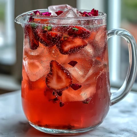 A tall pitcher of strawberry rose lemonade with fresh strawberries, lemon slices, and edible rose petals, served over ice cubes for a floral summer drink.