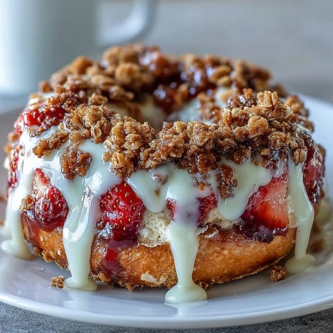 Strawberry Cheesecake Protein Bagels with Crumble Topping: Soft, protein-packed bagels filled with fresh strawberries and creamy cheesecake, topped with buttery oat crumble.