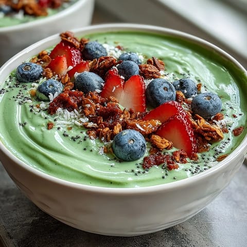 Fluffy Yogurt Matcha Latte Smoothie Bowl with fresh berries and crunchy granola for a vibrant breakfast.