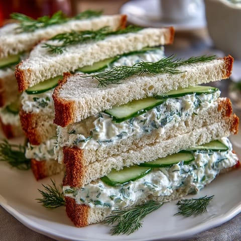 Classic Kentucky Benedictine spread on soft white and wheat bread, garnished with fresh cucumber slices and dill sprigs.