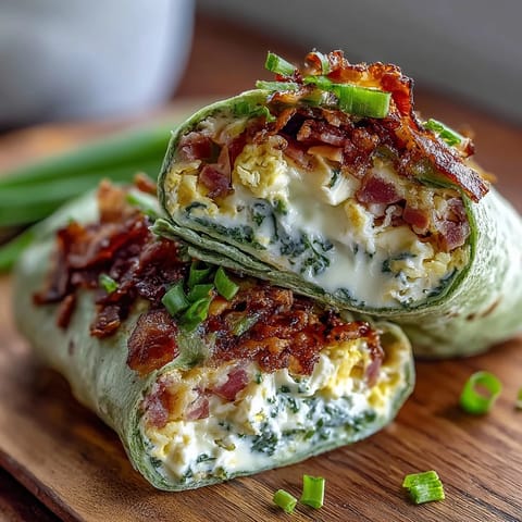 Fluffy scrambled eggs, savory ham, and fresh herbs wrapped in a vibrant spinach tortilla for a nutritious breakfast.