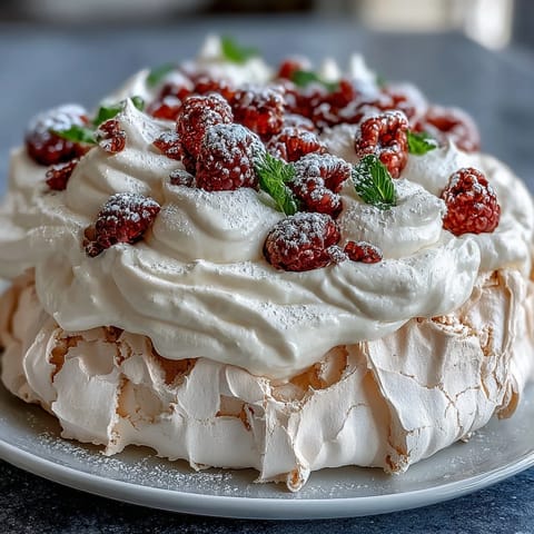 Elegant Mothers Day Pavlova with Mixed Berries, a crisp meringue shell topped with fluffy whipped cream and vibrant fresh berries.