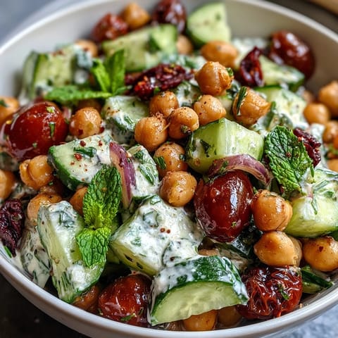 A vibrant Healthy Easy Cucumber Chickpea Salad with Lemon Vinaigrette, bursting with fresh herbs and crisp vegetables.  