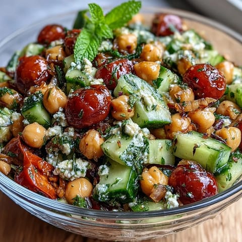 Colorful Healthy Easy Cucumber Chickpea Salad with Lemon Vinaigrette, perfect for a light Mediterranean-inspired lunch.  