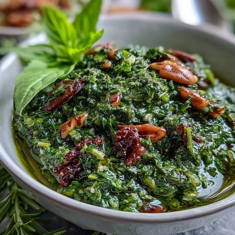 A vibrant green dandelion pesto with garlic and toasted pine nuts, ready for pasta or sandwiches.
