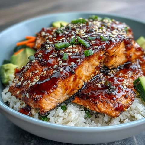 Juicy teriyaki-glazed salmon served over jasmine rice with fresh cucumber, avocado, and carrot slices.