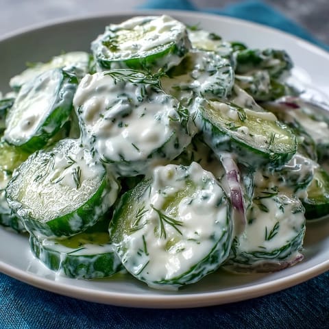 Refreshing dill cucumber salad with creamy dressing, served chilled as a light vegetarian side dish.