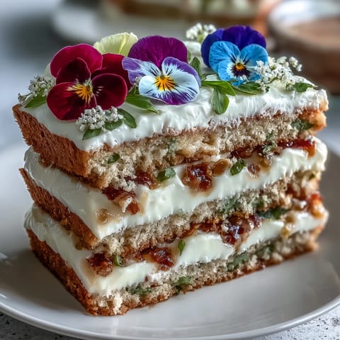 Spring cake with pressed edible flowers and lemon curd, a light sponge layered with tangy lemon filling and floral decoration.