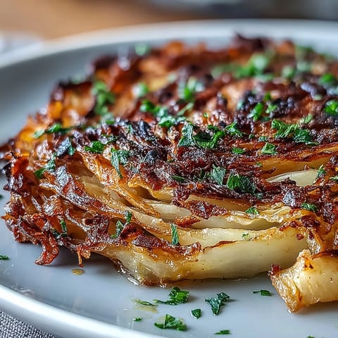 Roasted Cabbage Steaks: golden slices caramelized with garlic and smoked paprika, finished with fresh lemon zest and parsley.