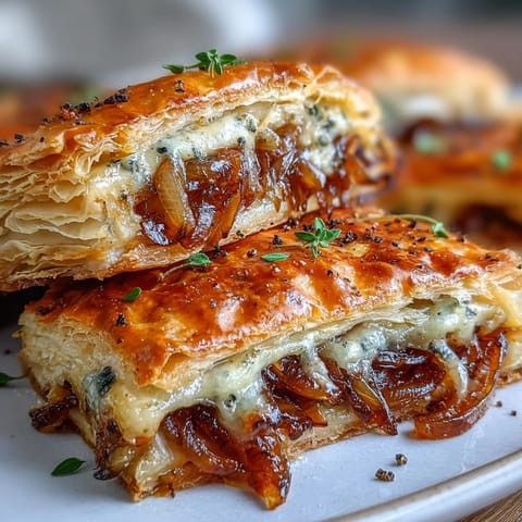 Golden French Onion Puff Pastry Tart with caramelized onions, melted Gruyère cheese, and fresh thyme on flaky pastry, served warm for a savory appetizer.