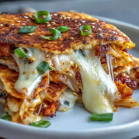 Crispy kimchi quesadilla filled with spicy fermented cabbage and melted cheese, served hot from the skillet.