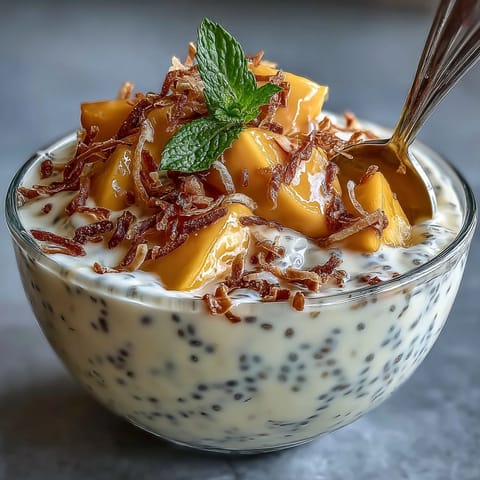 Creamy coconut chia pudding with fresh mango chunks and toasted coconut flakes in a glass.