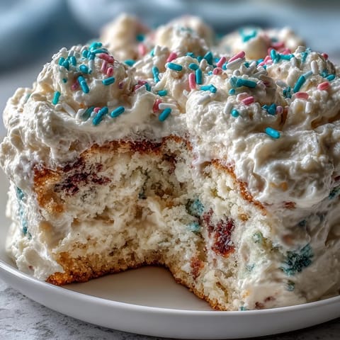 Colorful layered funfetti cake with creamy dip frosting and rainbow sprinkles, perfect for spring birthday parties and festive gatherings.