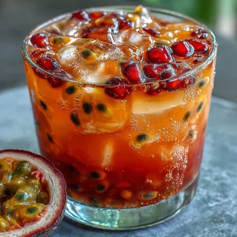 Tropical Sunrise Mocktail with Passionfruit and Orange, a vibrant layered drink with fresh fruit juices and a splash of grenadine, served over ice with orange slices and mint.