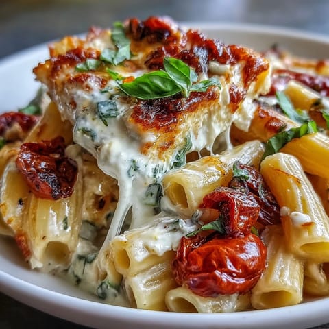 Creamy baked feta pasta with roasted cherry tomatoes and fresh basil, a simple and flavorful Mediterranean-inspired dinner.