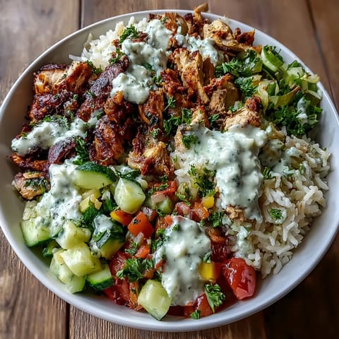 Delectable Middle Eastern Shawarma Bowl brimming with spiced chicken and fresh veggies.