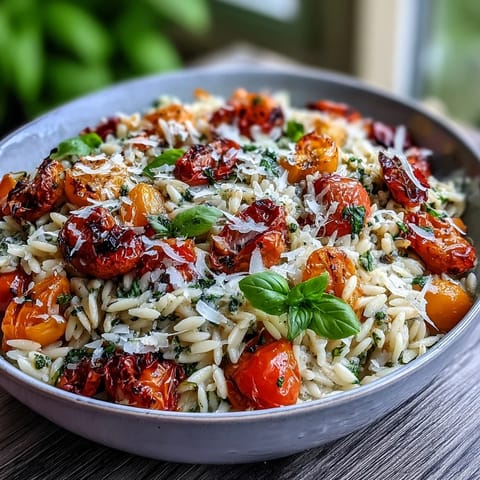 Vibrant pesto orzo with juicy roasted cherry tomatoes, bursting with fresh basil.