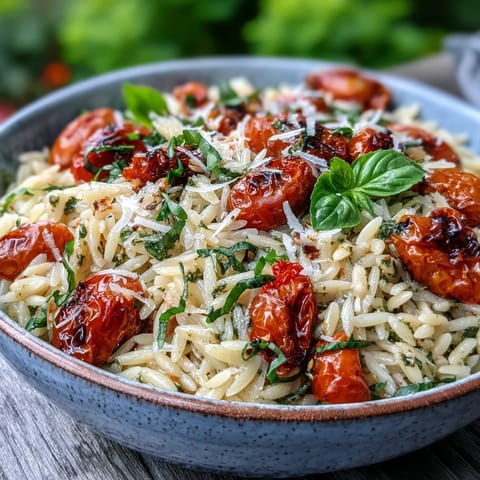 Tender orzo coated in creamy pesto, accented by sweet, caramelized cherry tomatoes.