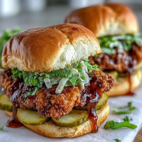 Golden brown crispy hot honey chicken sandwich, ready to be devoured.