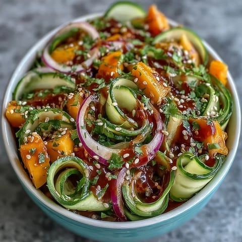 Vibrant mango cucumber Tajín ribbon salad, showing colorful ribbons with lime dressing.