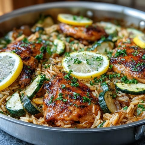 Golden seared chicken and vibrant zucchini in our easy One-Pan Lemon Chicken and Zucchini Orzo.