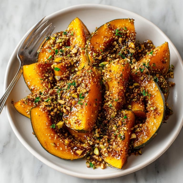 Golden, caramelized maple glazed acorn squash, generously topped with crunchy pistachio crumble.