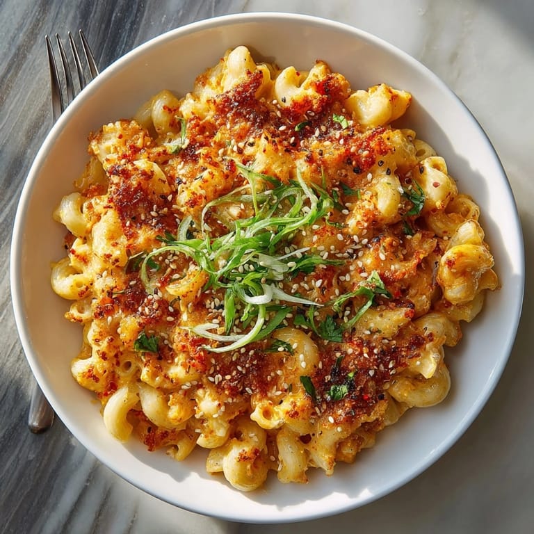 Cheesy, tangy Korean-style comfort kimchi mac and cheese, a warm, comforting dish with vibrant flavors.