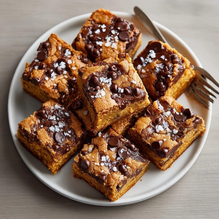Delicious, chewy homemade autumn Salted Caramel Pumpkin Chocolate Chip Blondies, a perfect dessert choice.