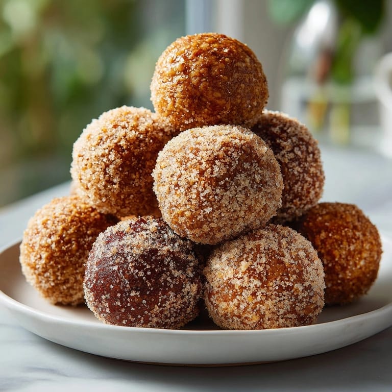 A close-up of gluten-free Pumpkin Spice Snickerdoodle Energy Balls, ready to be enjoyed.
