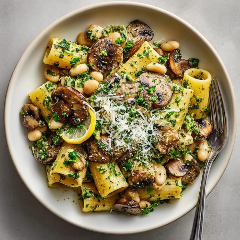 A close-up view of the finished One-Pot Mushroom and Sage White Bean Pasta, ready to be enjoyed.