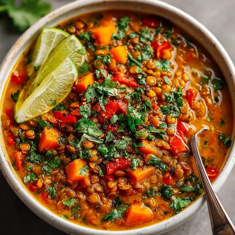 Creamy, fragrant Coconut Curry Lentil Soup: a close-up showcasing the hearty, vibrant flavors.