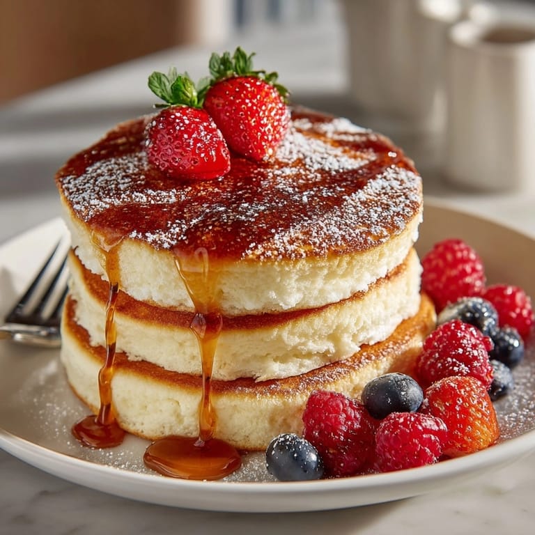 A warm, inviting stack of Japanese pancakes with golden syrup and fresh berries, ready to be enjoyed.