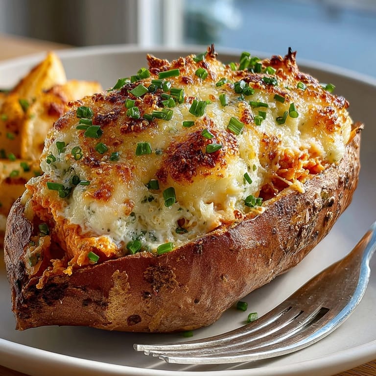 Savory Caramelized Onion and Gruyere Stuffed Sweet Potatoes, brimming with creamy filling and topped with bubbly Gruyere.