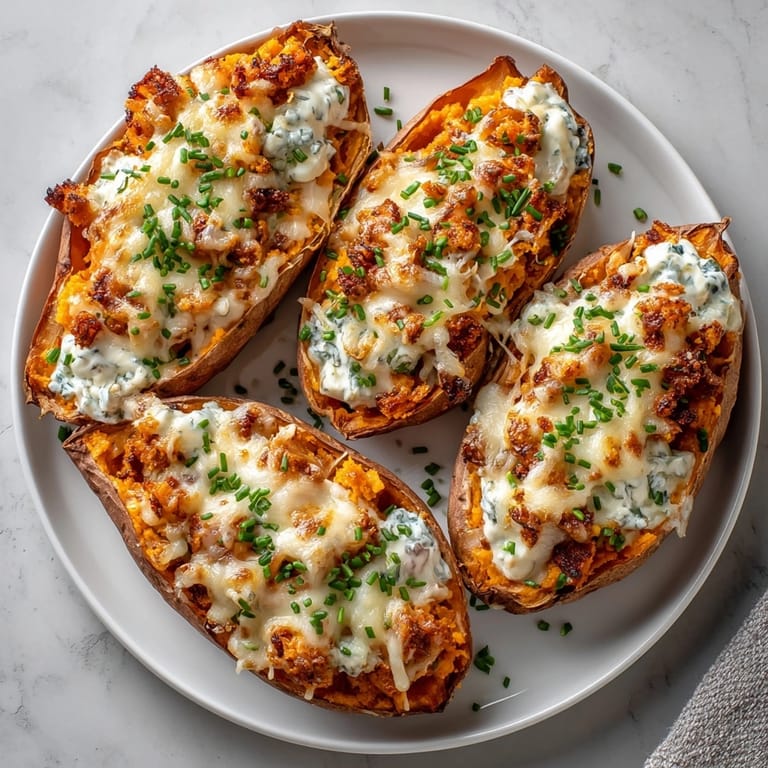 Warm, comforting shot of Caramelized Onion and Gruyere Stuffed Sweet Potatoes, perfect for a delicious and hearty meal.