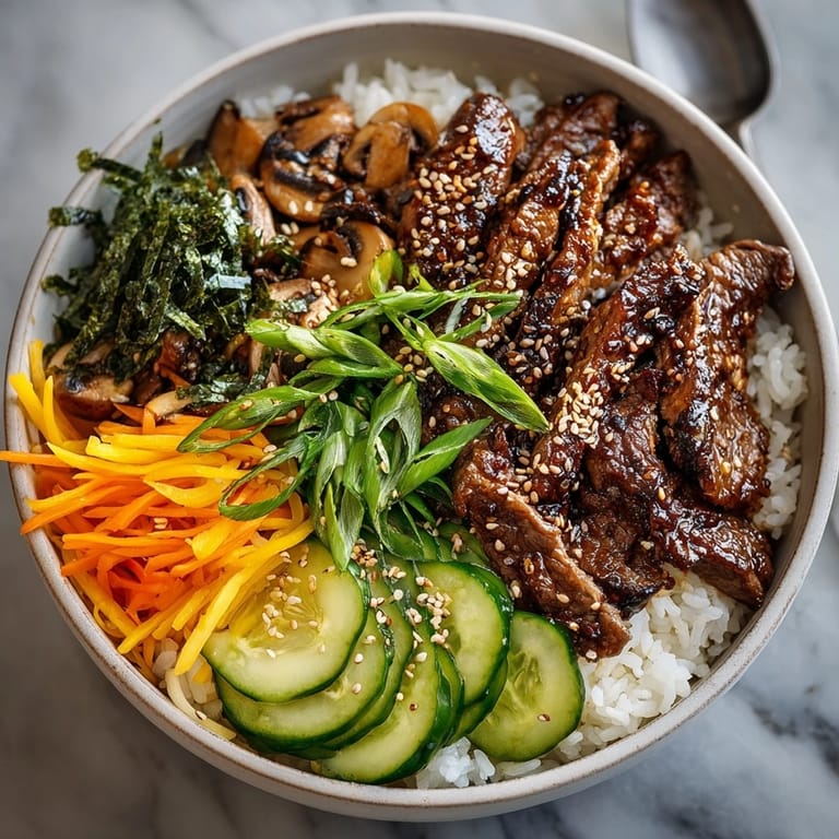 Sizzling Korean BBQ Beef and Mushroom Rice Bowls, served with crunchy fresh vegetables and flavorful rice.