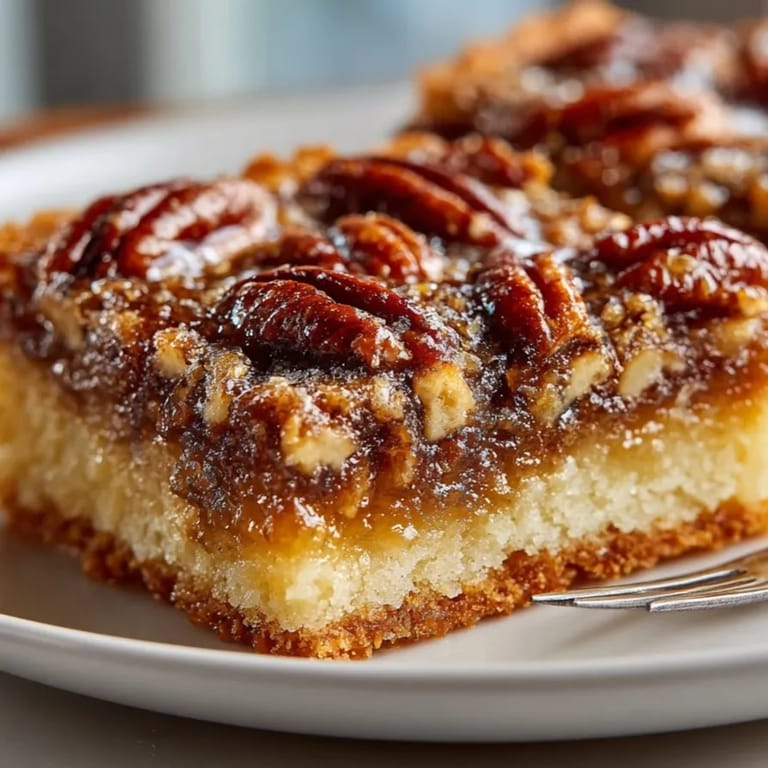 Delectable close-up of maple bourbon pecan pie bars, offering a taste of pure Southern comfort.