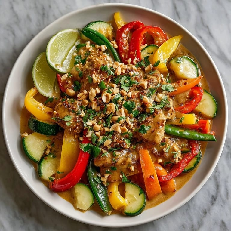 A close-up of the delicious Thai-inspired peanut chicken and vegetable curry served in a bowl, garnished with fresh cilantro.