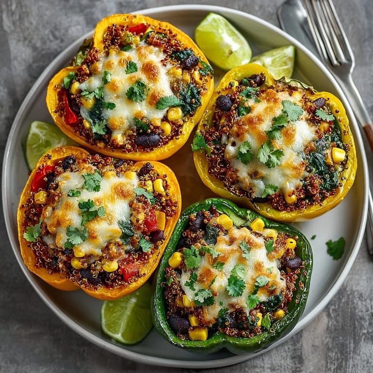 Close-up of hearty Protein-Rich Quinoa Stuffed Peppers garnished with cilantro and fresh lime wedges