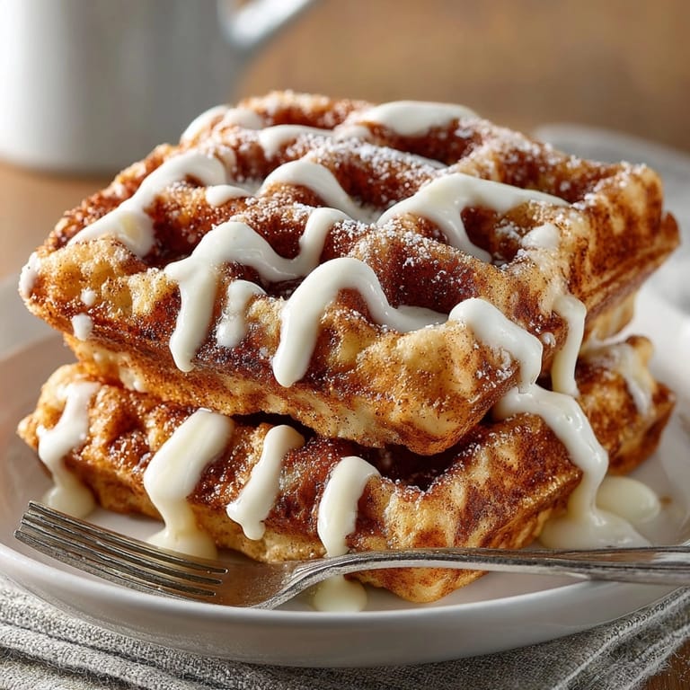 Cinnamon Roll Waffles topped with creamy, tangy cream cheese drizzle, fresh out of the waffle maker.