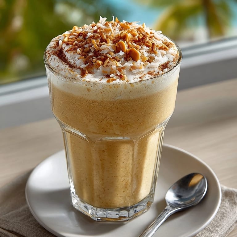 Refreshing Thai Coconut Peanut Butter Smoothie with banana and cinnamon, served chilled in tall glass.