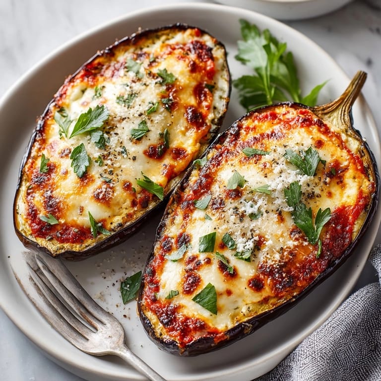 Plated Stuffed Cheese Eggplant Parmesan with gooey cheese, crispy edges, and fresh basil garnish.